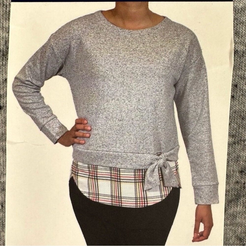 IZOD Tie-Front 2-fer Sweatshirt Faux Layered Heather Grey Plaid Women's SMALL